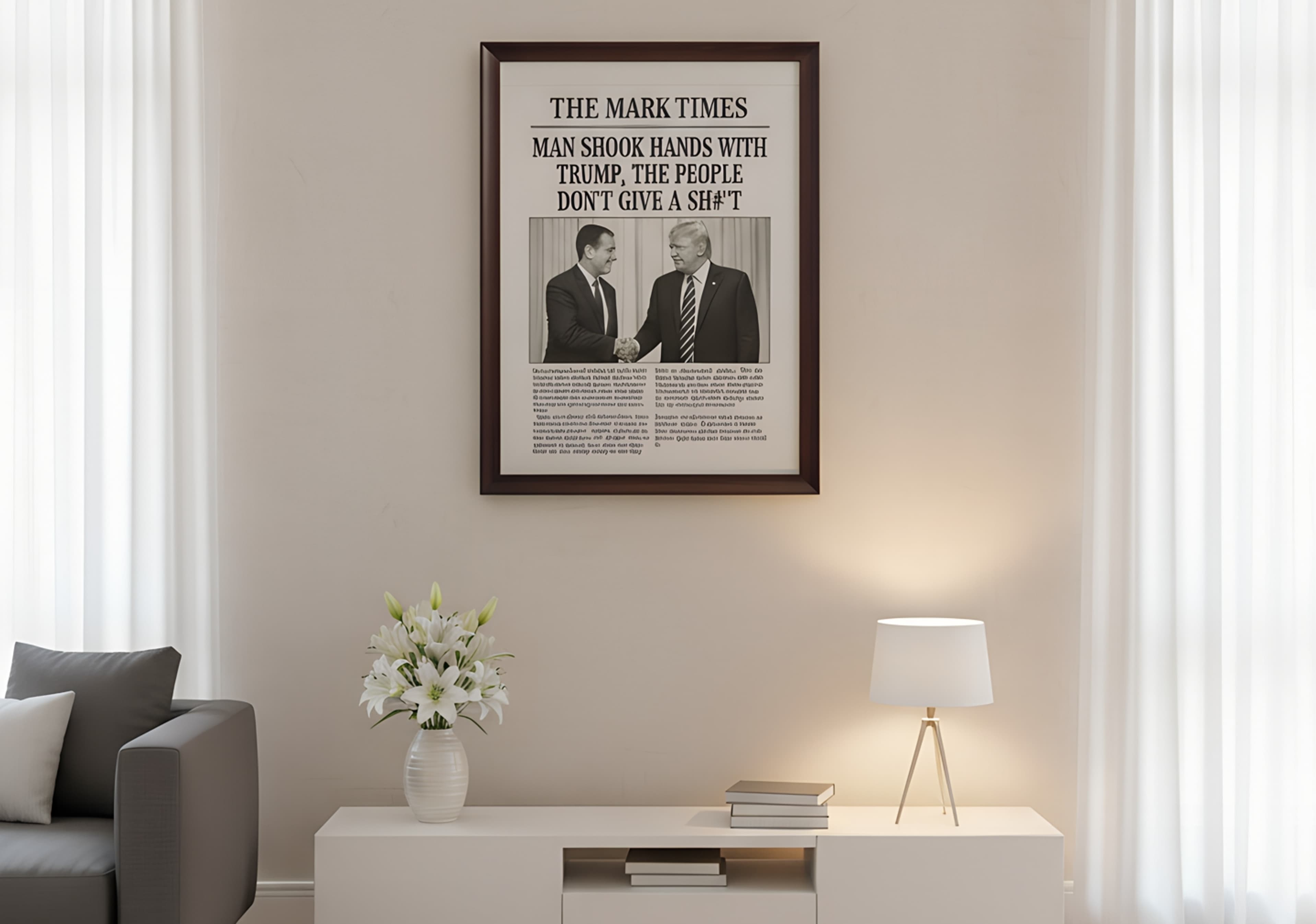 Framed news poster hanging in a modern living room